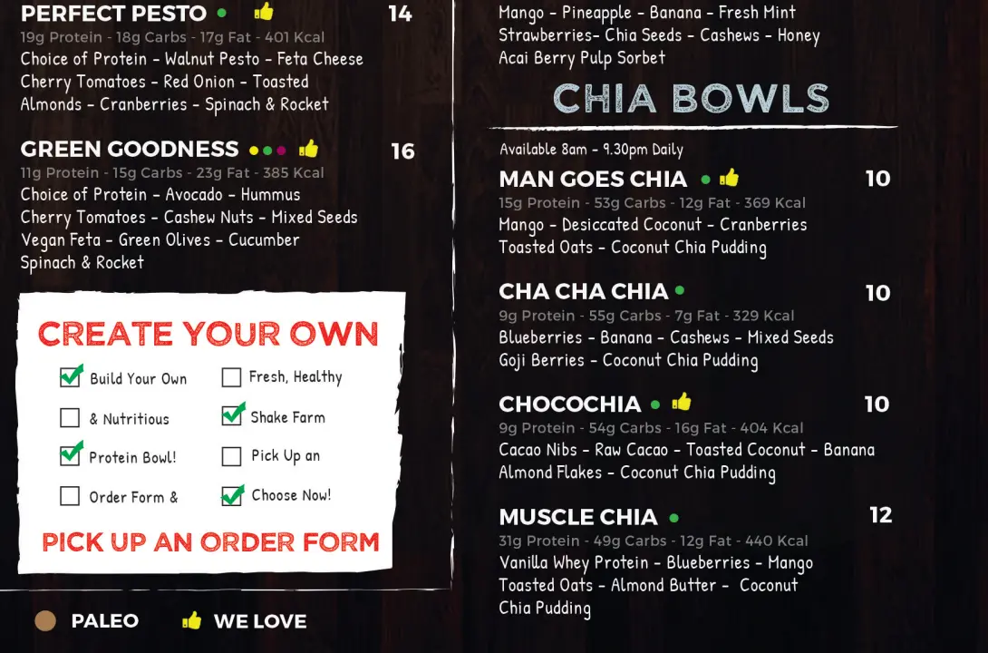 SHAKE FARM CHIA BOWLS MENU PRICES 2024