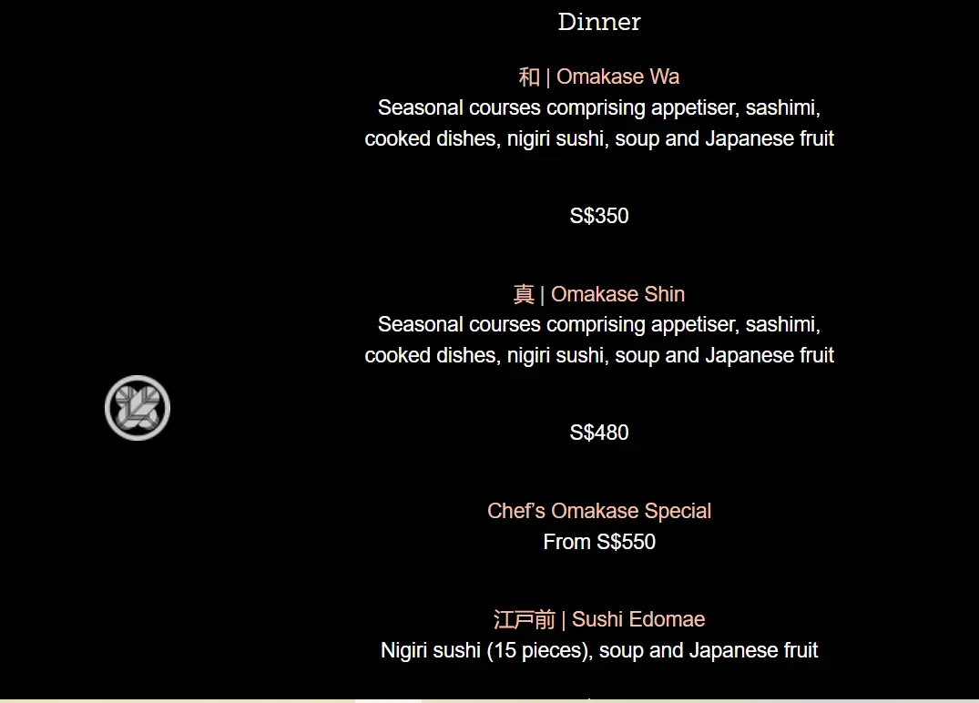 SHINJI DINNER MENU PRICES 2024