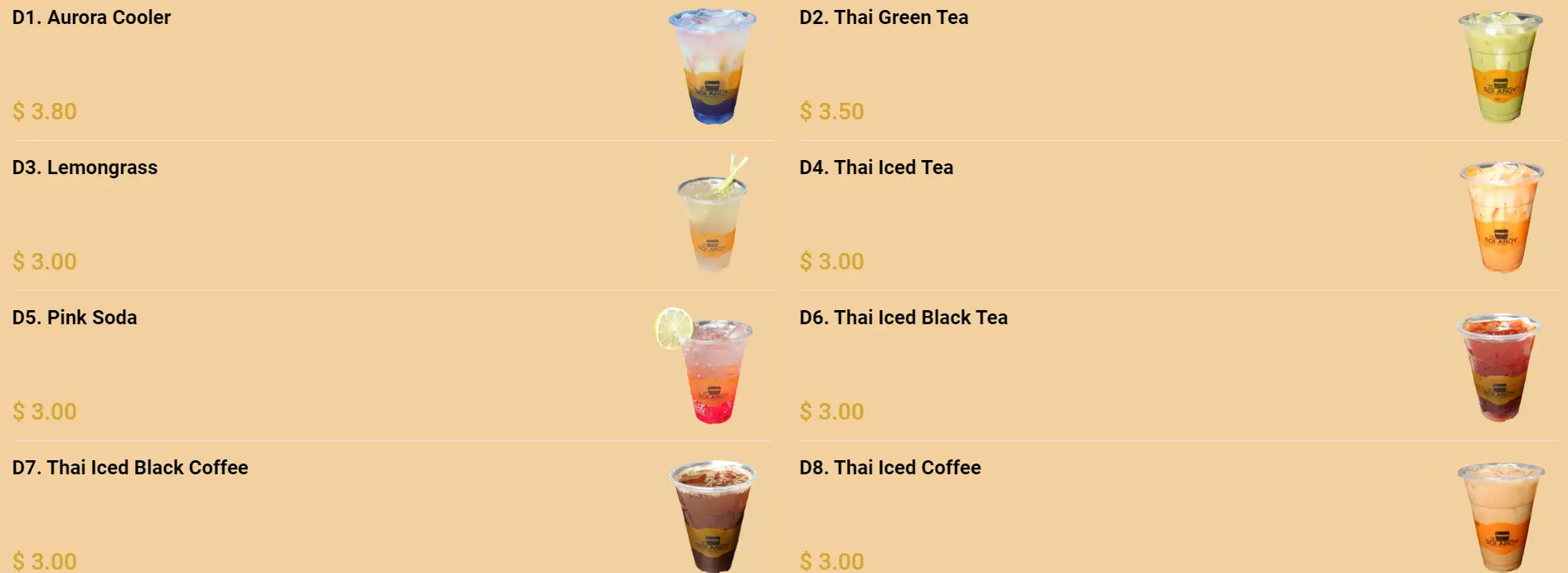 SOI AROY BEVERAGES MENU PRICES 2024