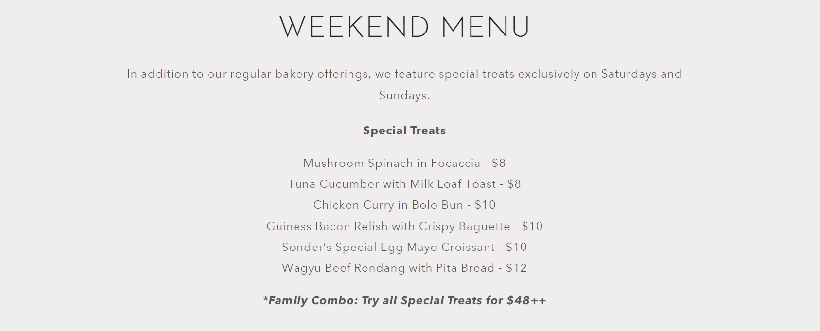 SONDER CLASSICS MENU PRICES 2024