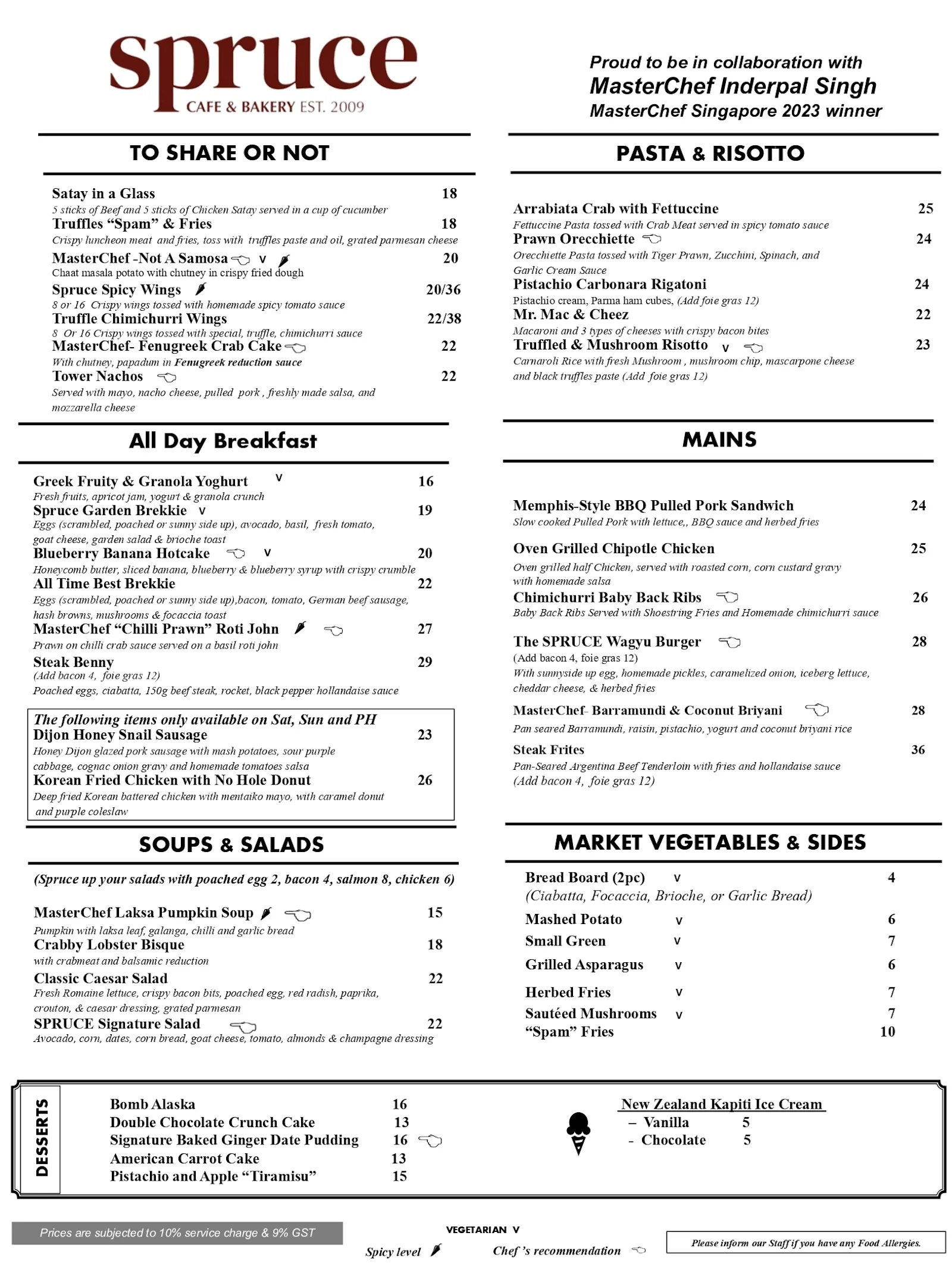 SPRUCE MAINS MENU PRICES 2024