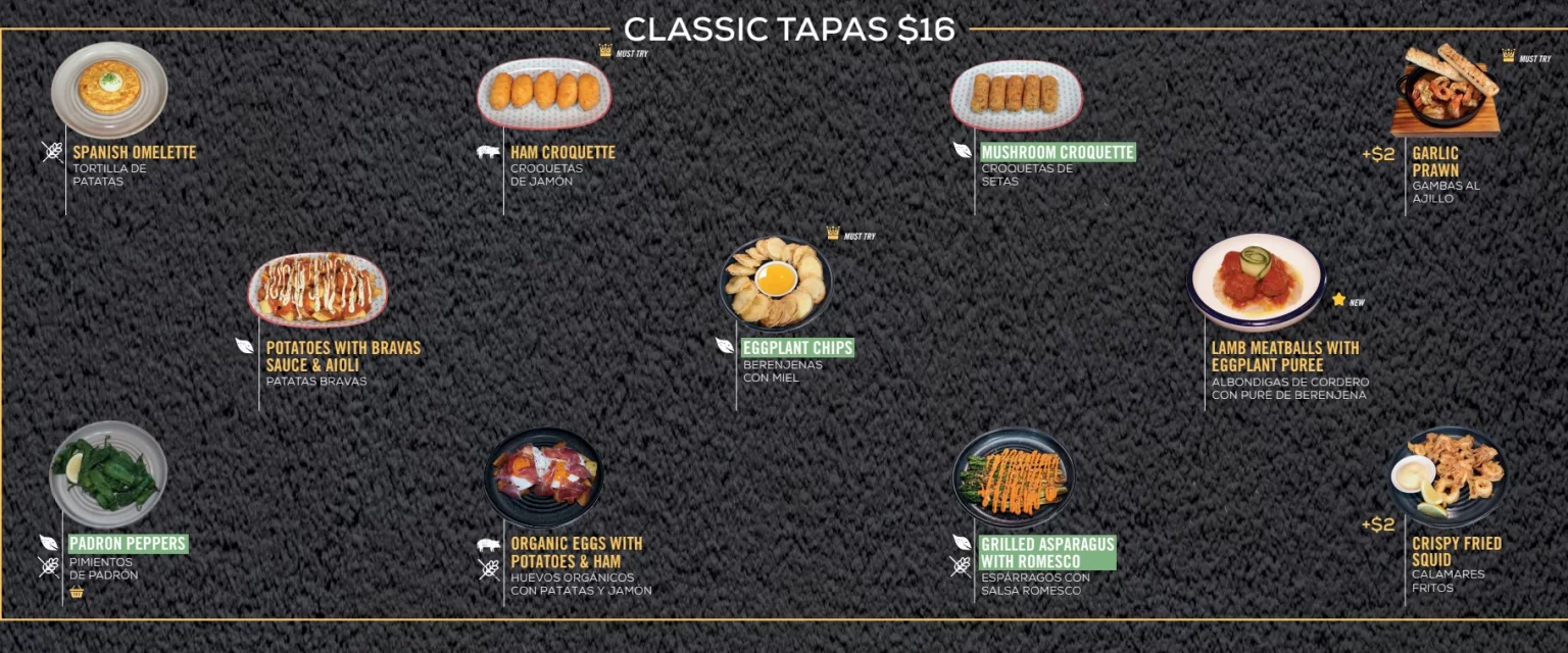 TAPAS CLUB CLASSIC TAPAS MENU PRICES 2024