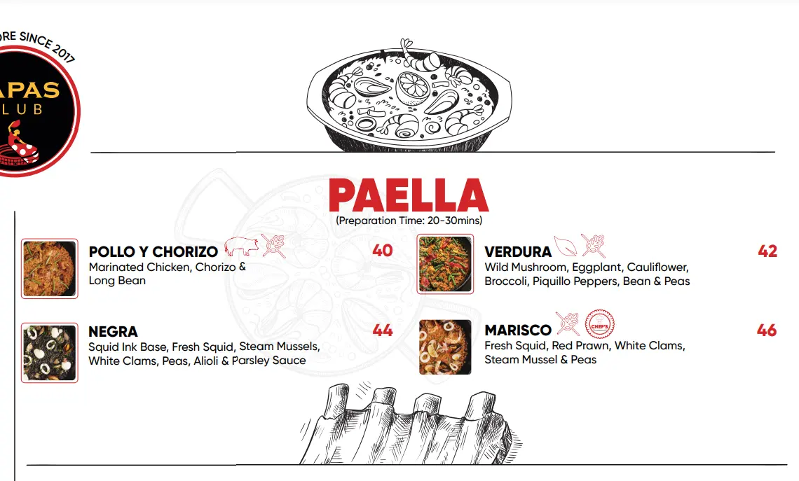 TAPAS CLUB PAELLA MENU PRICES 2024