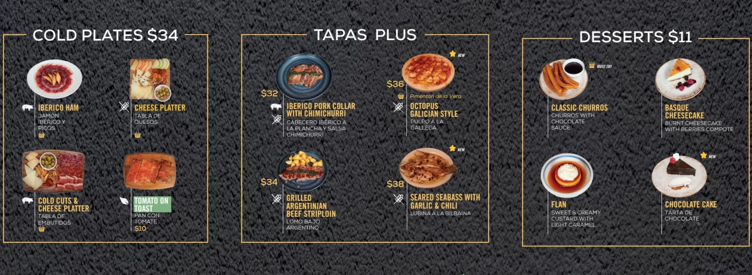 TAPAS CLUB TAPAS PLUS MENU PRICES 2024