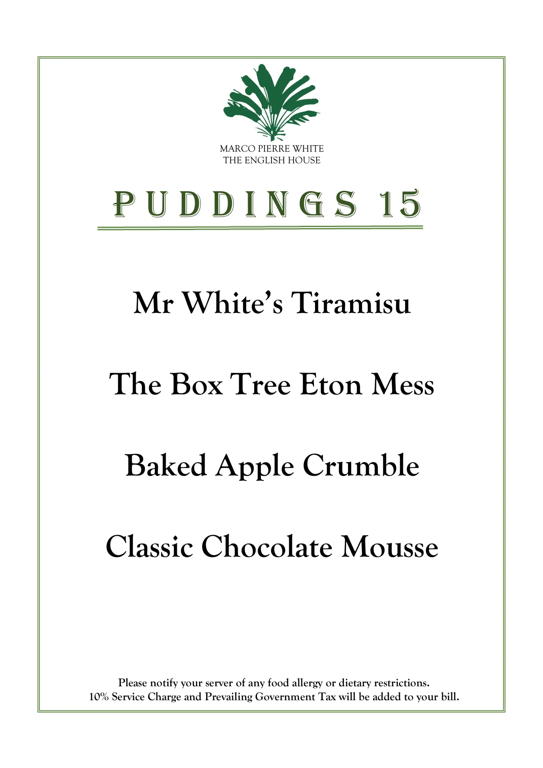 THE ENGLISH HOUSE DESSERTS MENU PRICES 2024