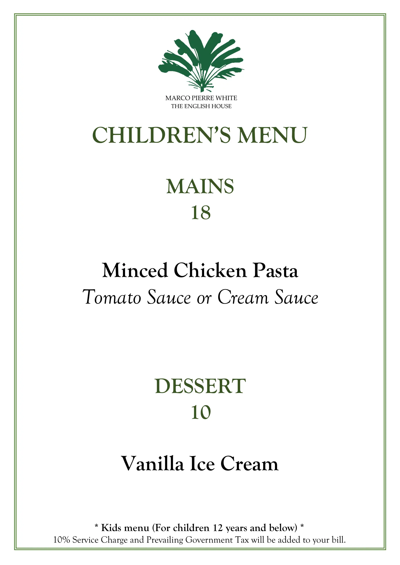 THE ENGLISH HOUSE KIDS & SIDES MENU PRICES 2024