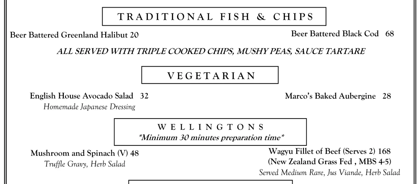 THE ENGLISH HOUSE VEGETARIAN MENU PRICES 2024