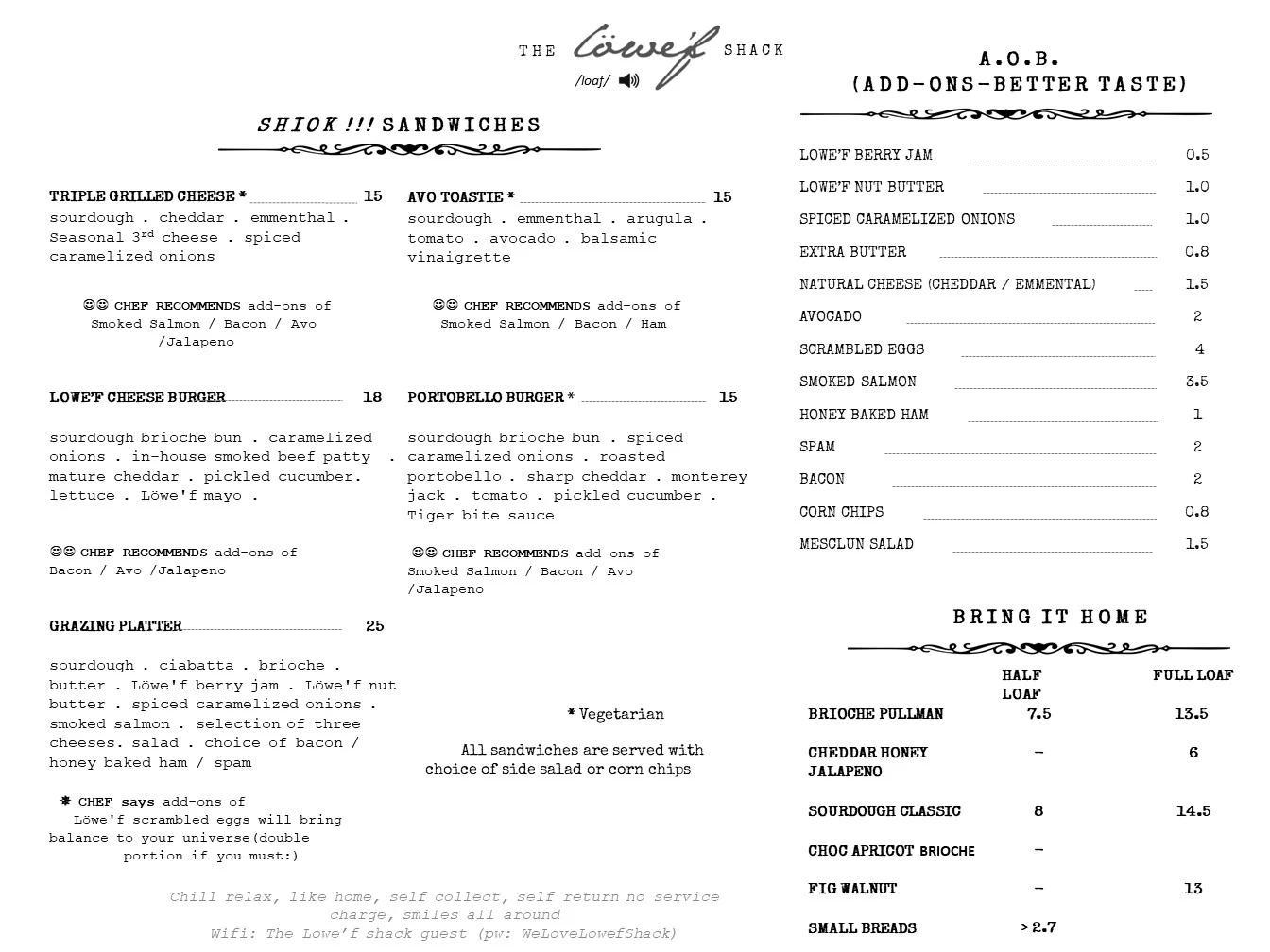 THE LOWE’F SHACK BEVERAGES MENU PRICES 2024