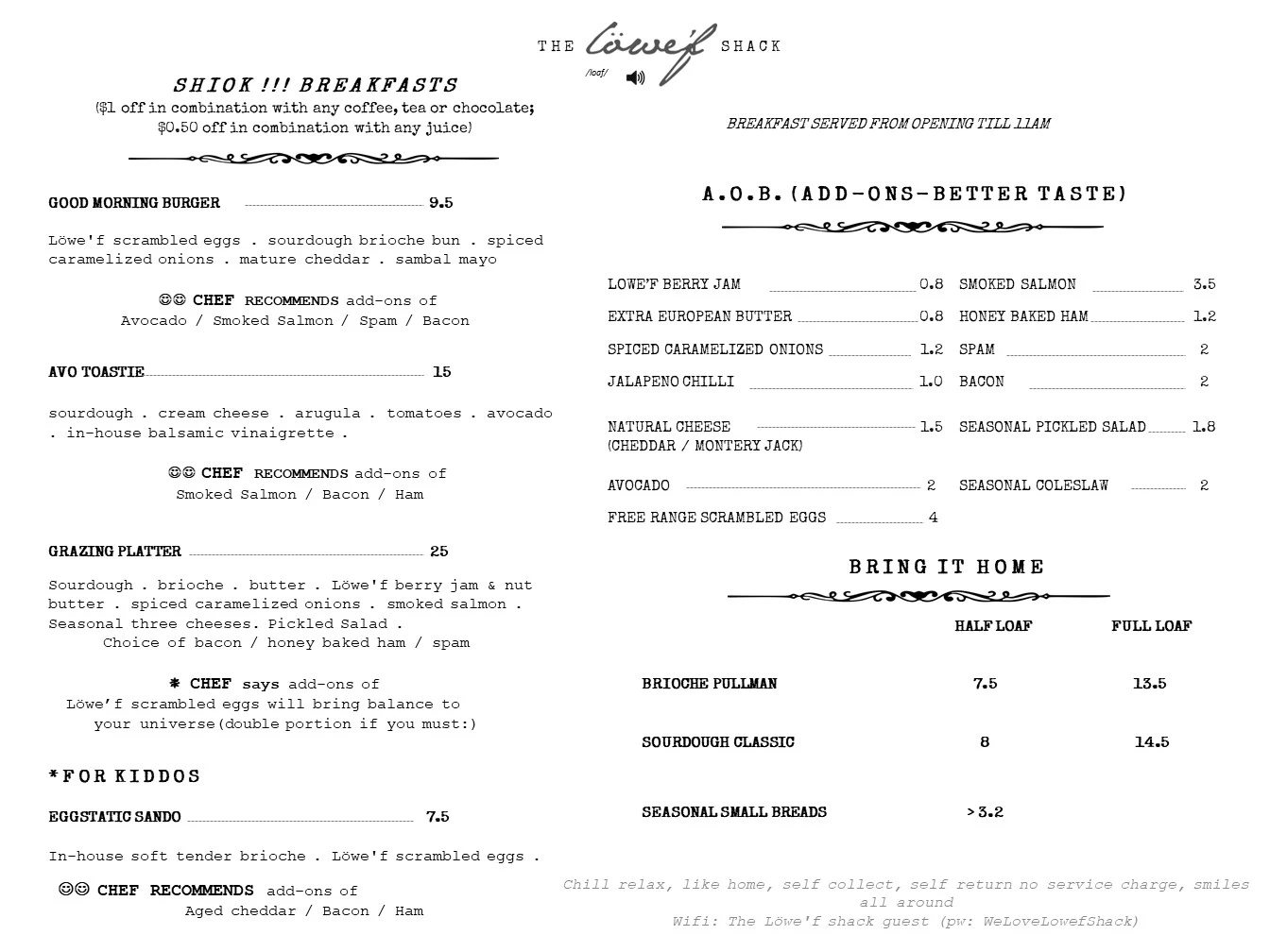 THE LOWE’F SHACK BREAD MENU WITH PRICES 2024