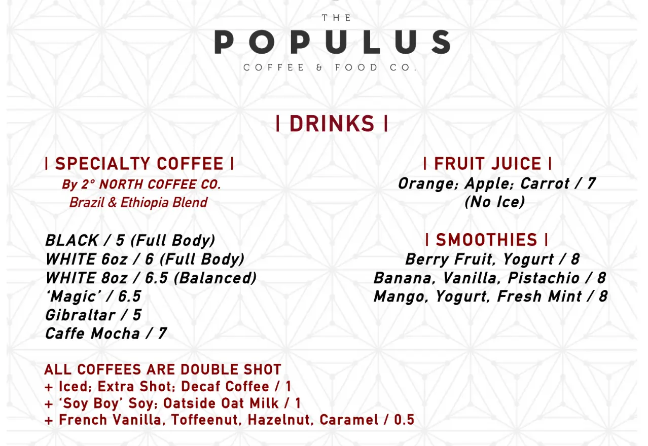 THE POPULUS BEVERAGES MENU PRICES 2024