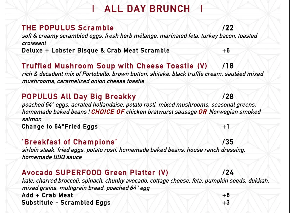 THE POPULUS BRUNCH MENU WITH PRICES 2024