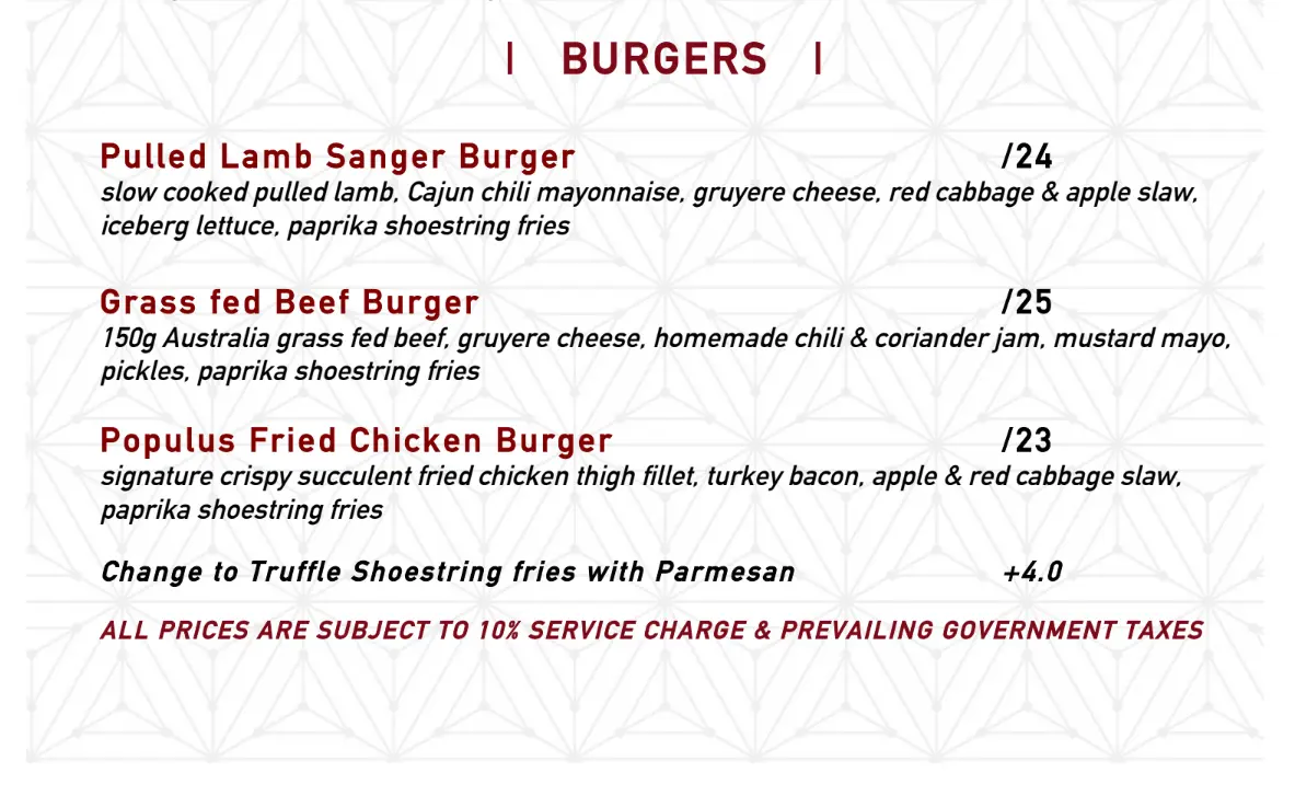 THE POPULUS BURGERS MENU PRICES 2024