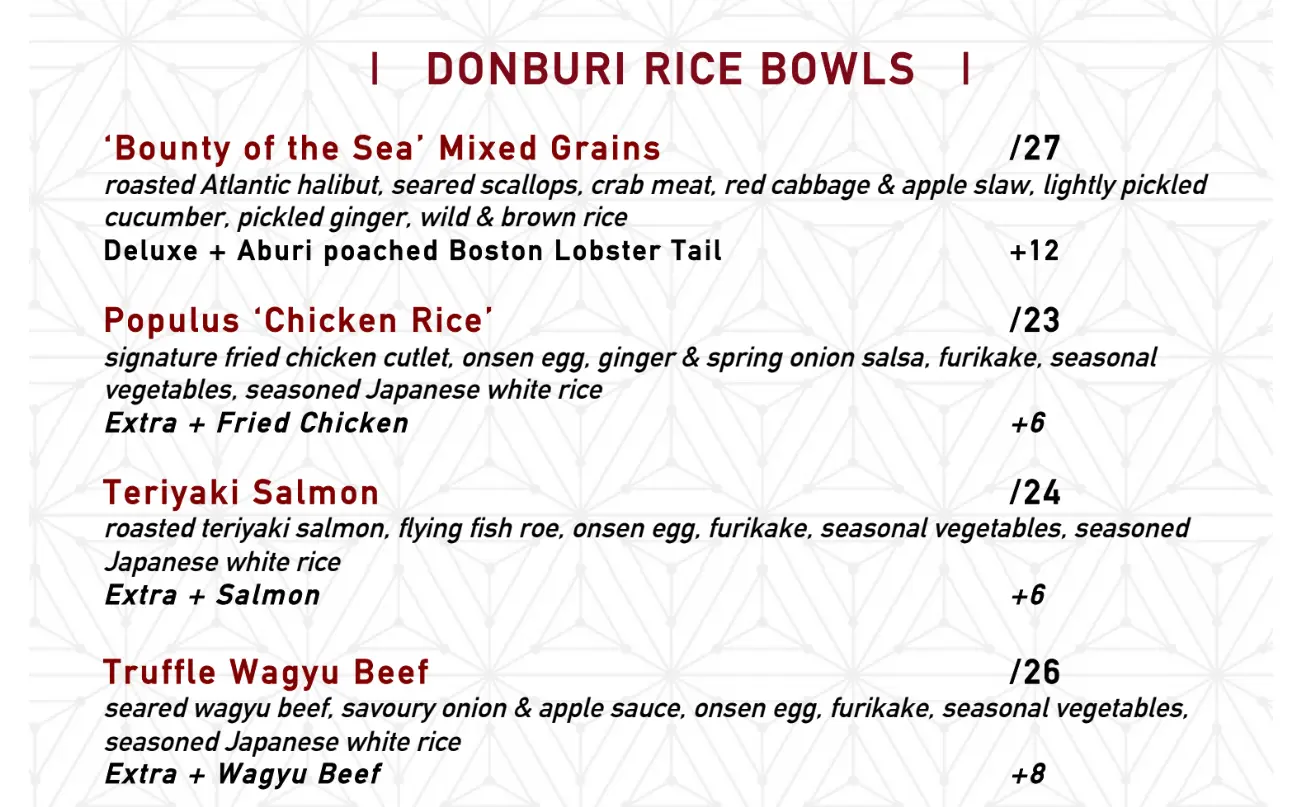 THE POPULUS DONBURI RICE BOWLS MENU PRICES 2024