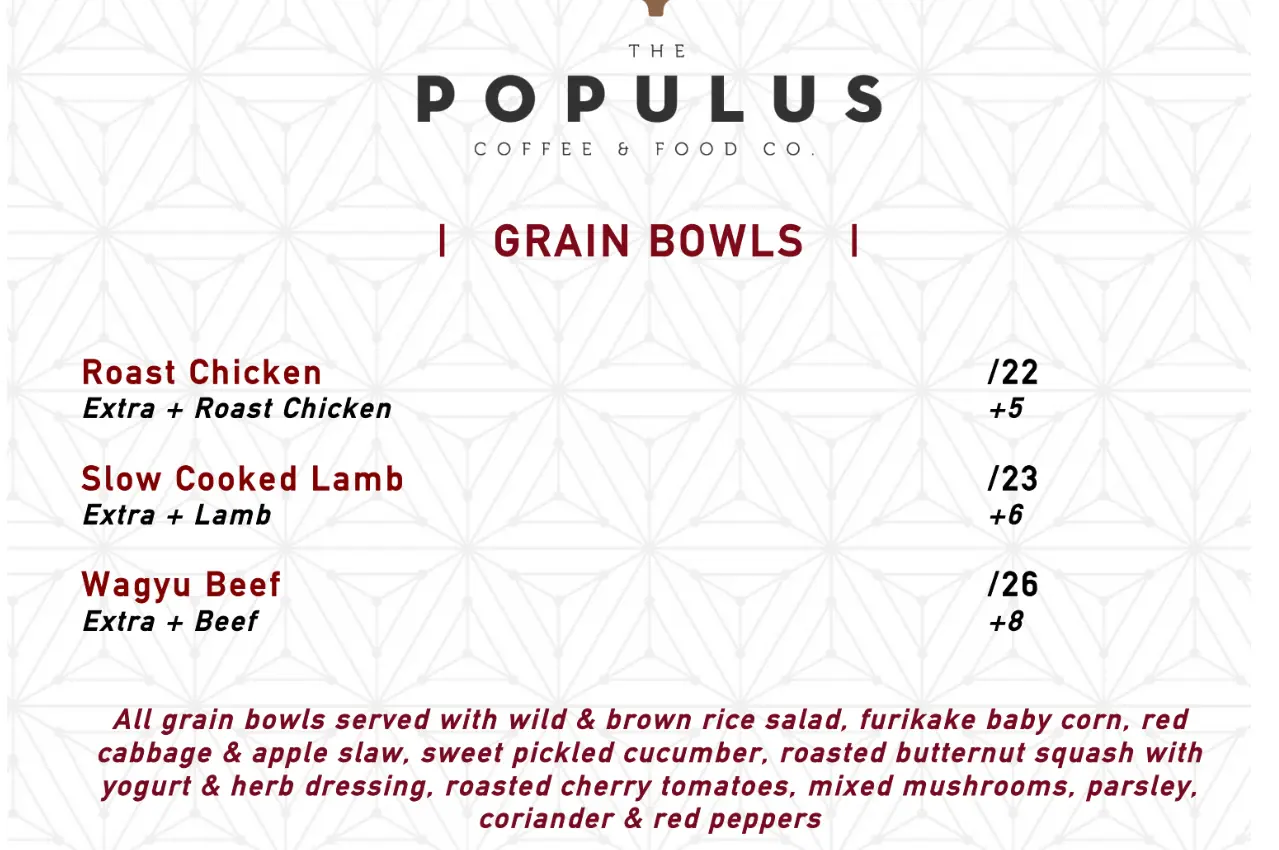 THE POPULUS GRAIN BOWLS MENU PRICES 2024