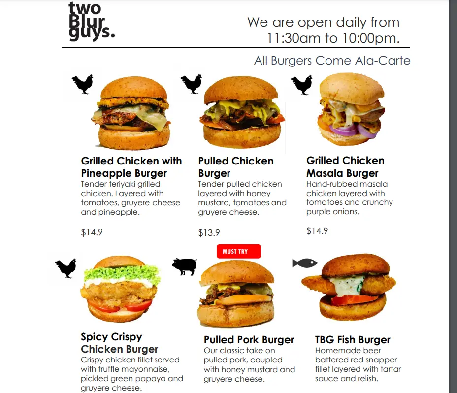 TWO BLUR GUYS BURGERS MENU WITH PRICES 2024