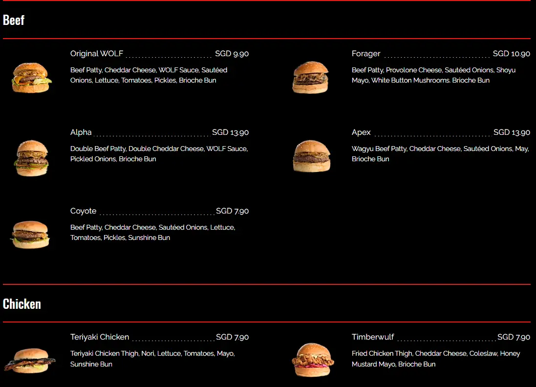 WOLF BURGERS BEEF MENU PRICES 2024