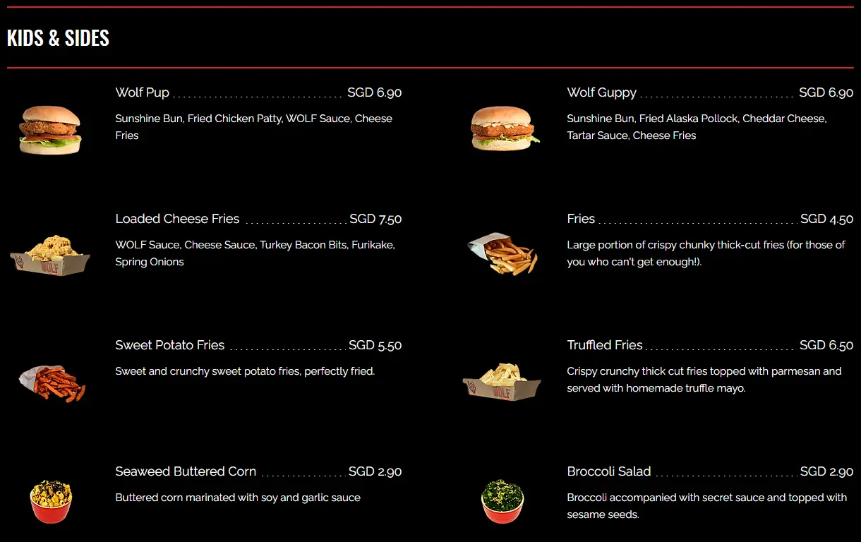 WOLF BURGERS KIDS & SIDES MENU PRICES 2024