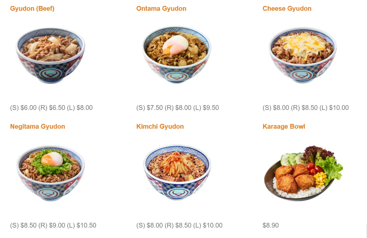 YOSHINOYA BOWL MENU 2024