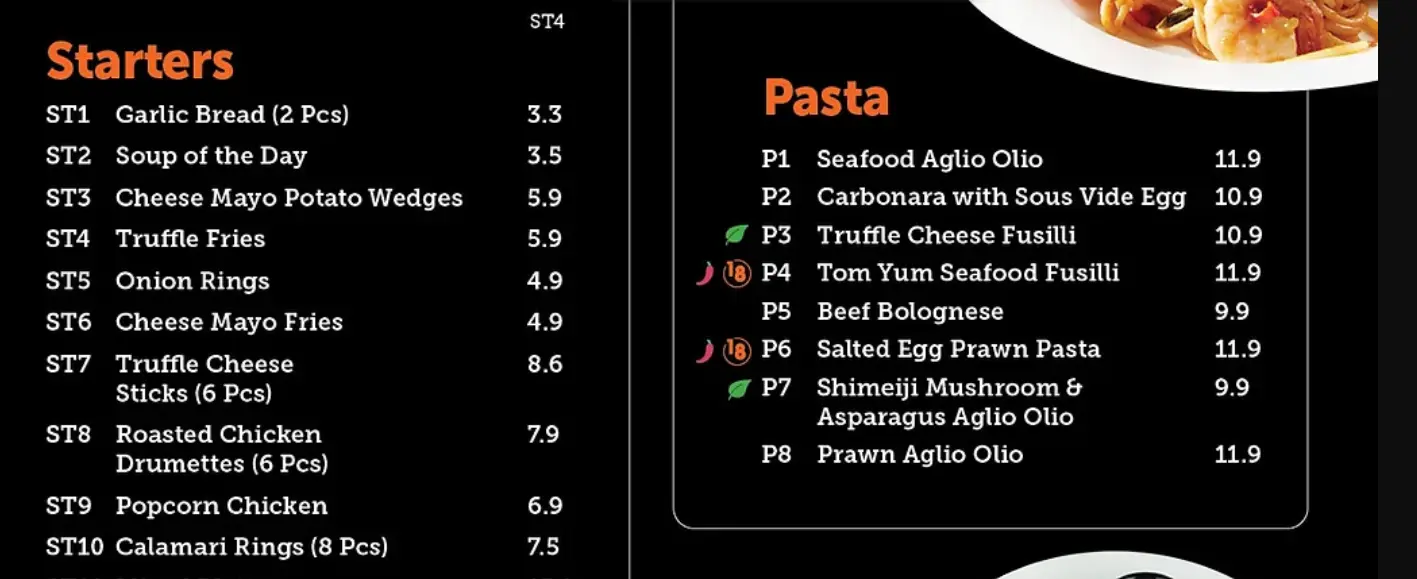 18 CHEFS PASTA MENU PRICE