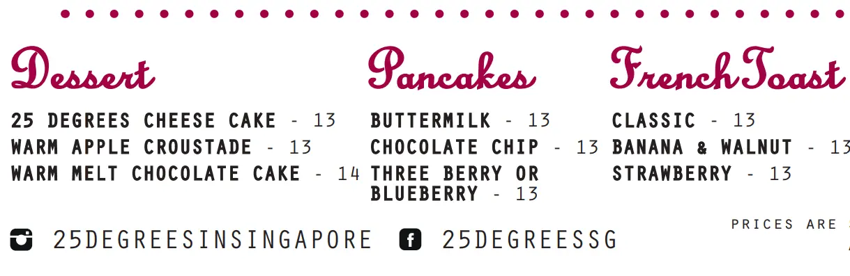 25 DEGREE DESSERTS MENU PRICE