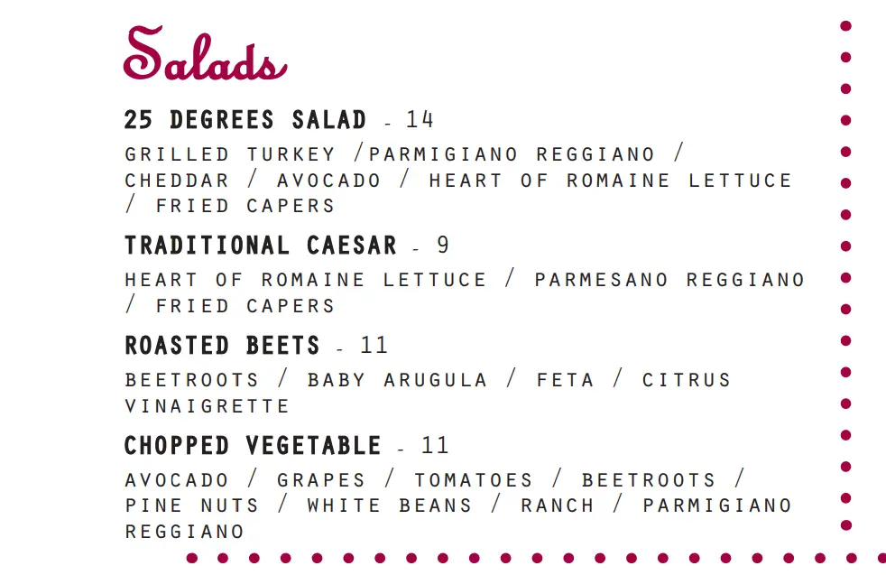 25 DEGREE SALADS MENU WITH PRICE