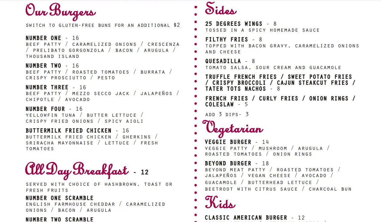 25 DEGREE SIGNATURE BURGER & HOT DOGS MENU PRICE