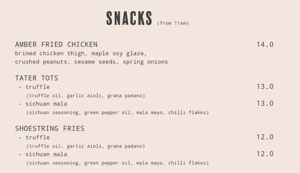 AMBER EMBER SNACKS MENU PRICES SINGAPORE