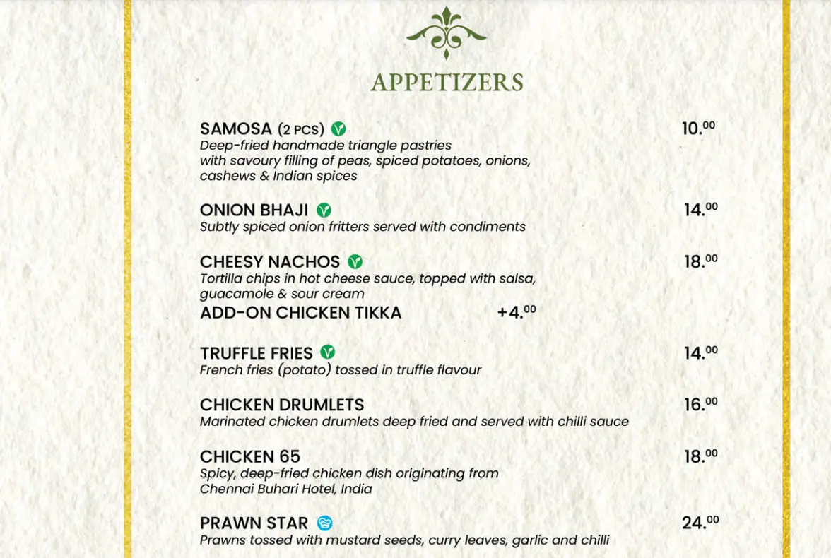 ANGLO INDIAN APPETIZERS MENU WITH PRICES SINGAPORE