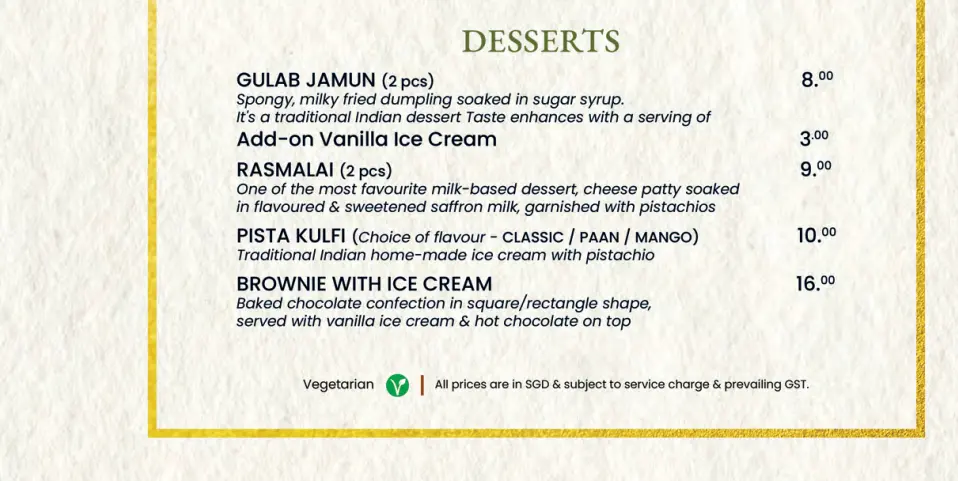 ANGLO INDIAN DESSERTS MENU PRICES SINGAPORE