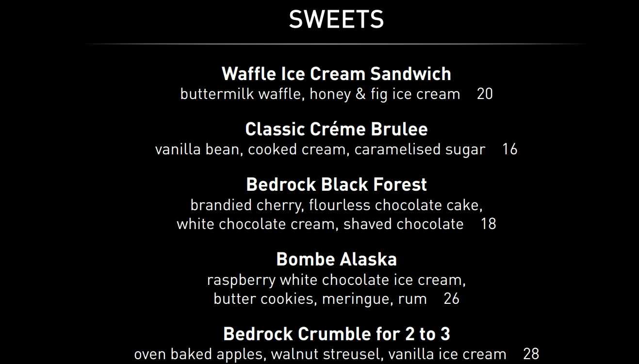 BEDROCK DESSERTS MENU PRICES 2024