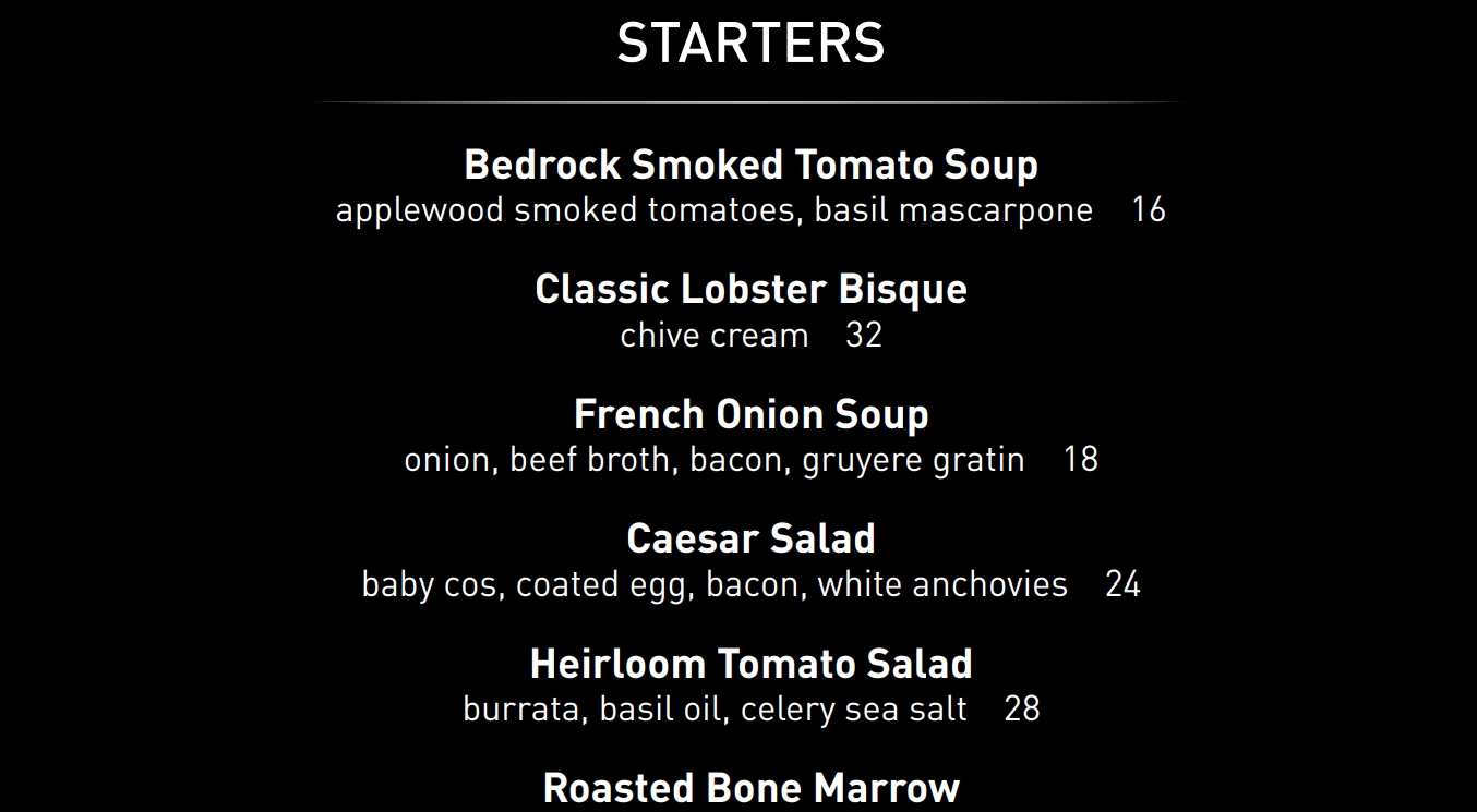  BEDROCK STARTERS MENU WITH PRICES 2024