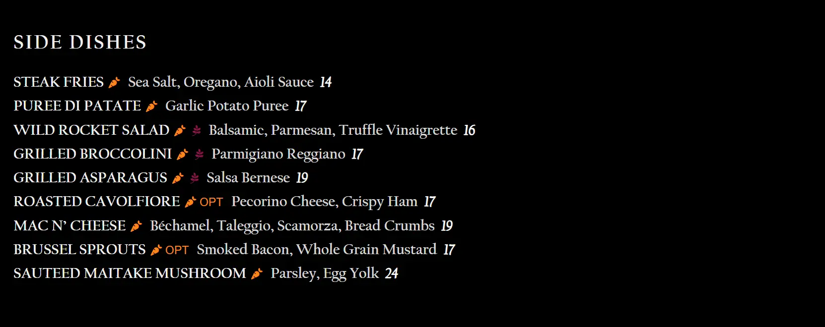 BISTECCA TUSCAN STEAKHOUSE SIDES MENU PRICES 2024