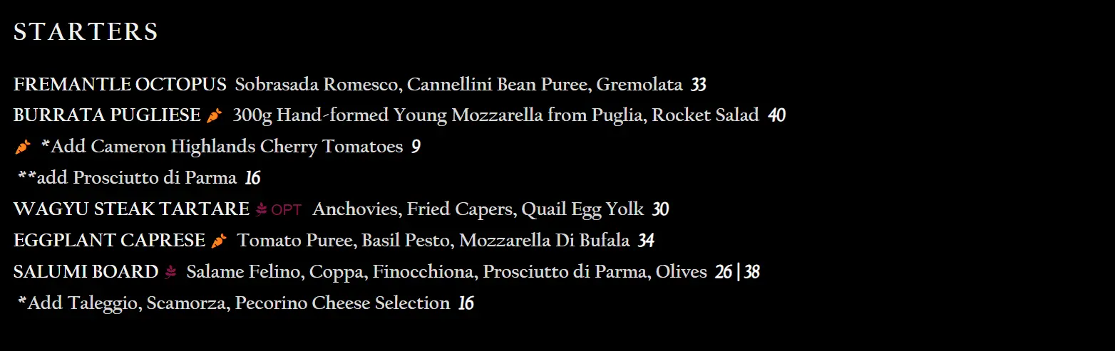 BISTECCA TUSCAN STEAKHOUSE STARTERS MENU WITH PRICES 2024