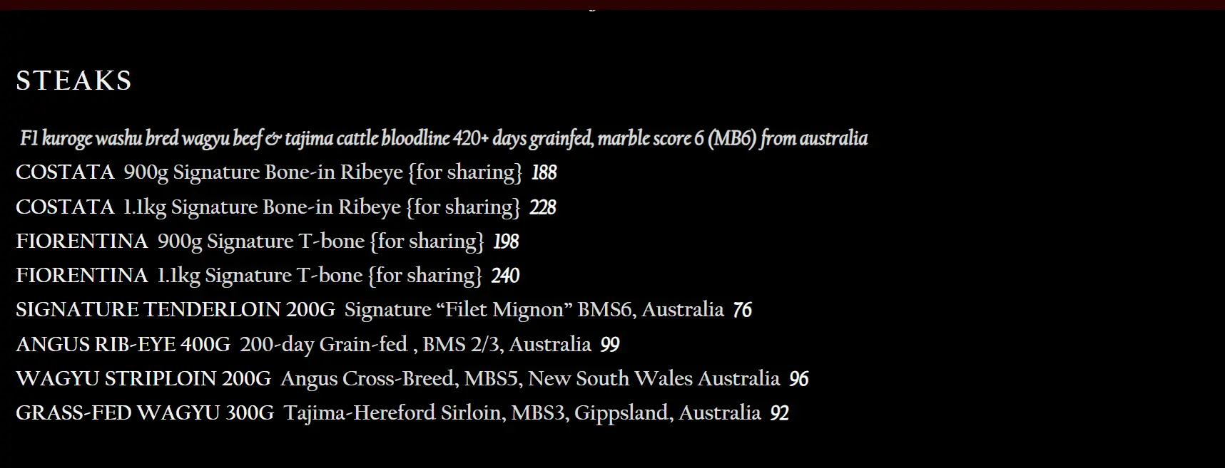 BISTECCA TUSCAN STEAKHOUSE STEAKS MENU PRICES 2024