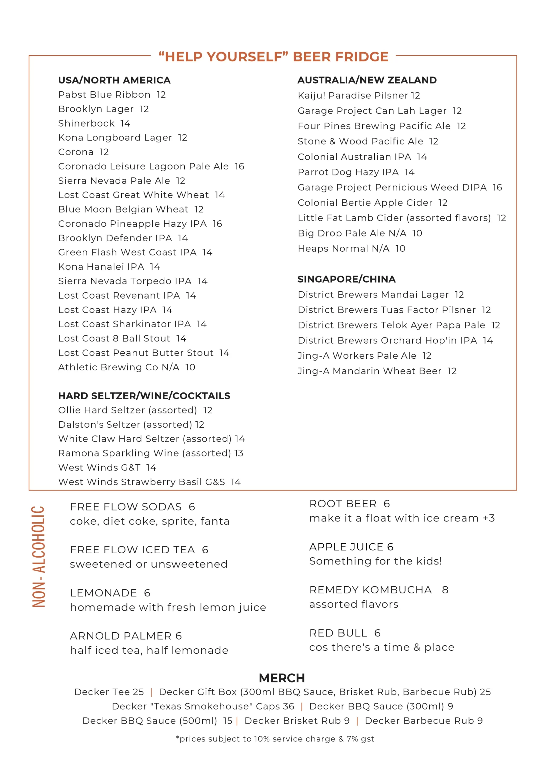 DECKER BARBECUE BEERS/CIDER/HARD SELTZER/WINE SPRITZ MENU PRICE