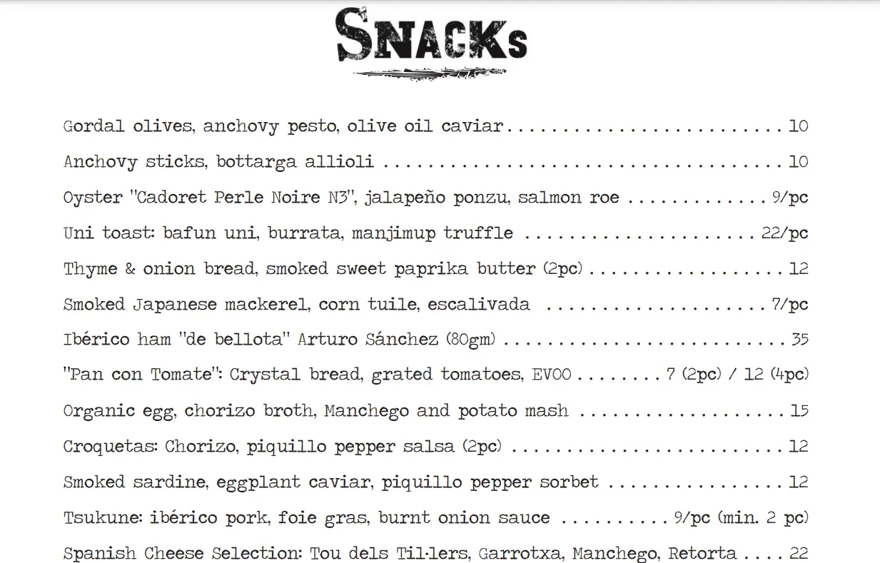 ESQUINA SNACKS MENU WITH PRICES SINGAPORE