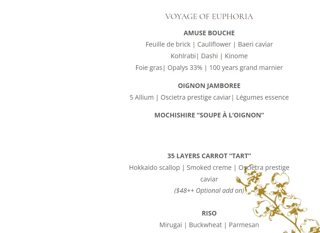 EUPHORIA VOYAGE OF EUPHORIA MENU PRICES 2024