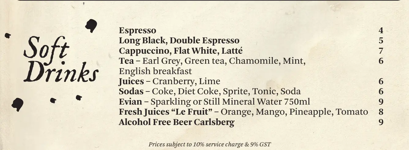 GASTON BEVERAGES MENU PRICES SINGAPORE