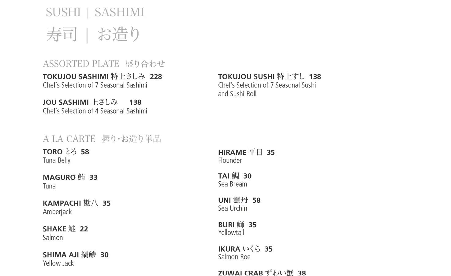 MIKUNI SUSHI & SASHIMI MENU PRICE