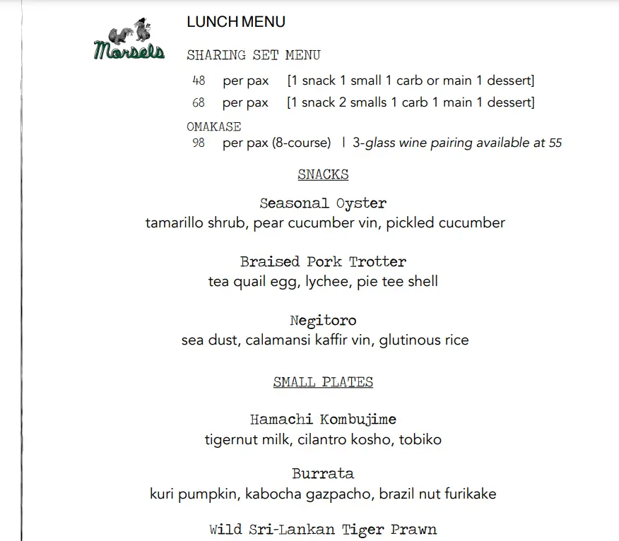 MORSELS SET LUNCH MENU PRICES 2024