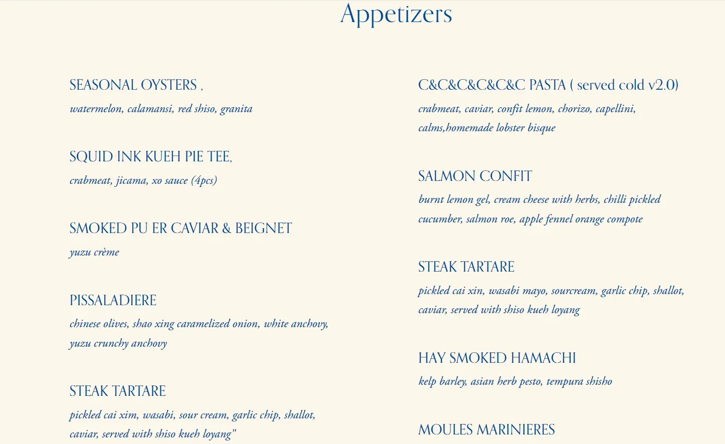 THE MASSES STARTERS MENU WITH PRICE