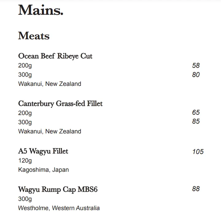 WAKANUI MAINS MENU PRICE SINGAPORE