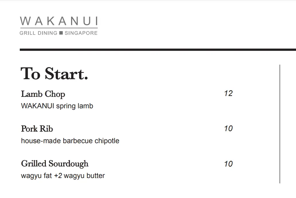 WAKANUI TO START MENU WITH PRICES SINGAPORE