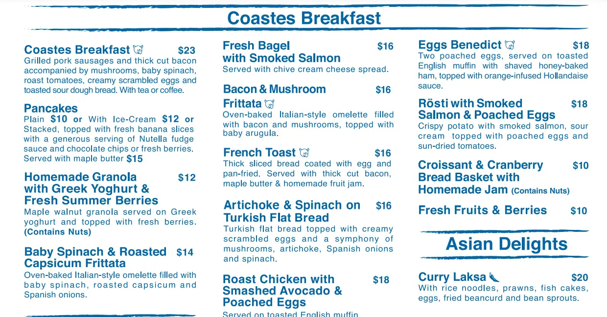 COASTES BEACH BREAKFAST MENU WITH PRICE