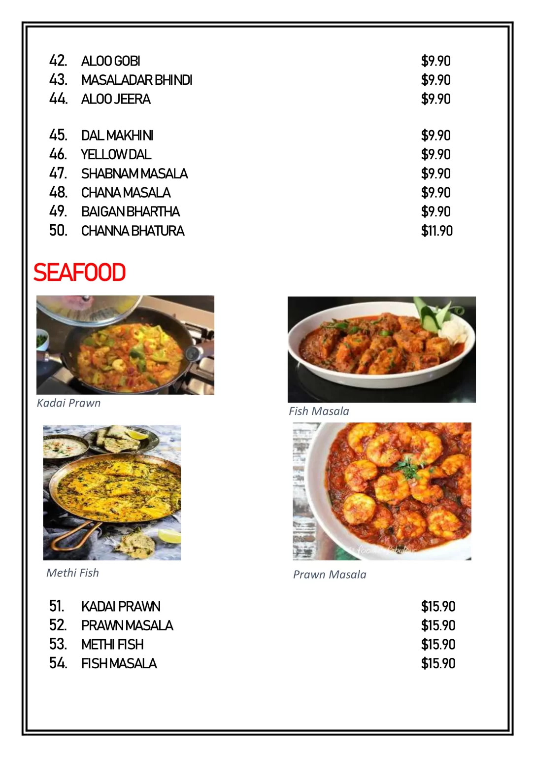 DELHI 6 SEAFOOD MENU SINGAPORE