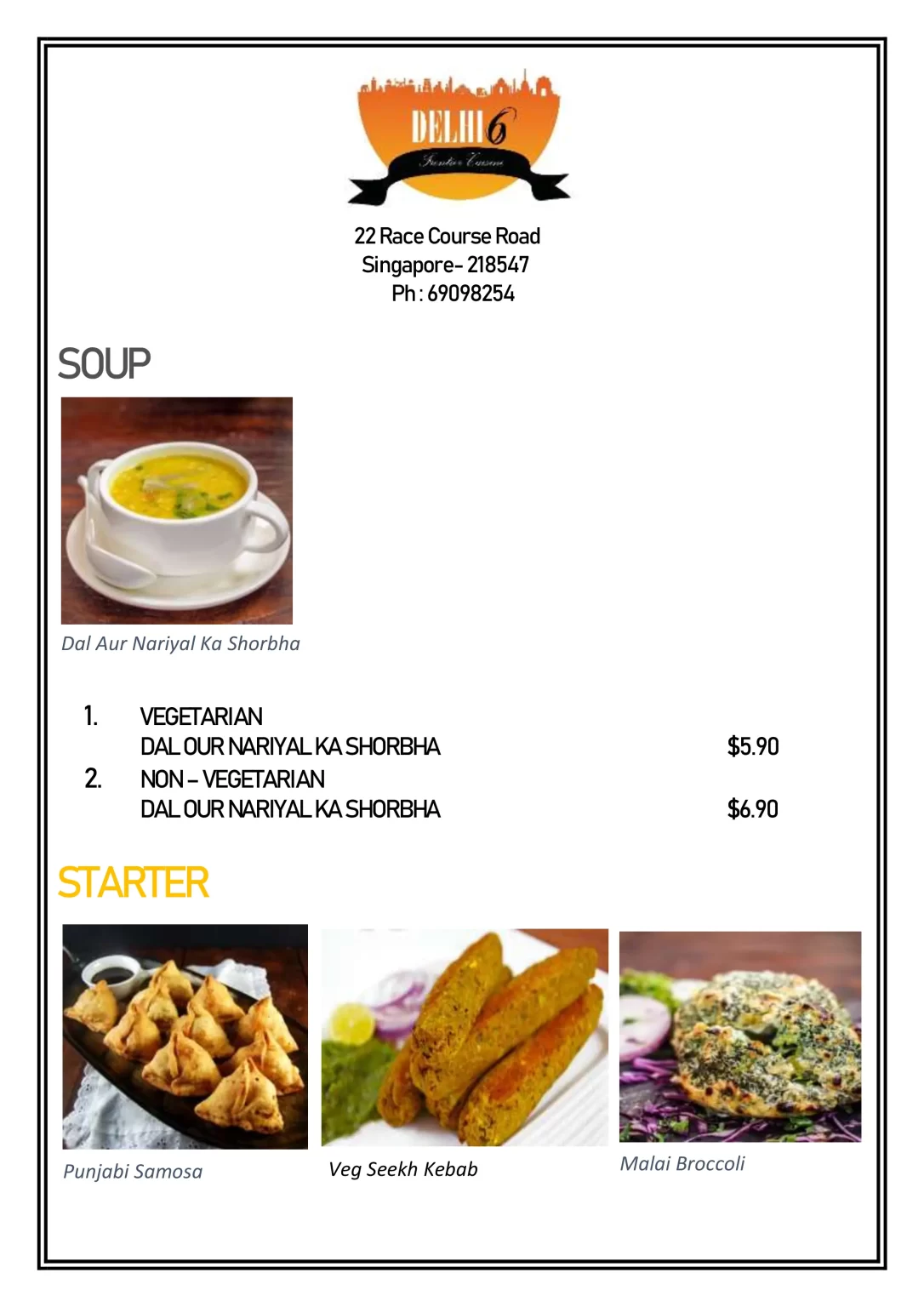 DELHI 6 SOUP & STARTER MENU SINGAPORE