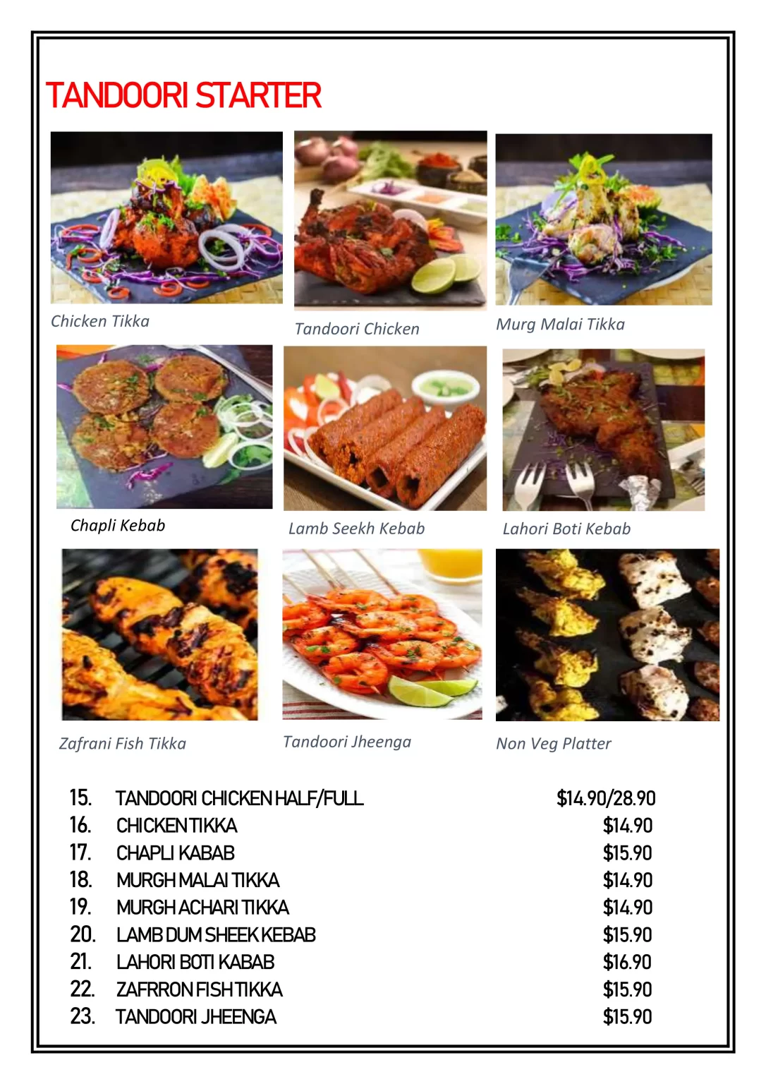 DELHI 6 TANDOORI STARTER MENU SINGAPORE