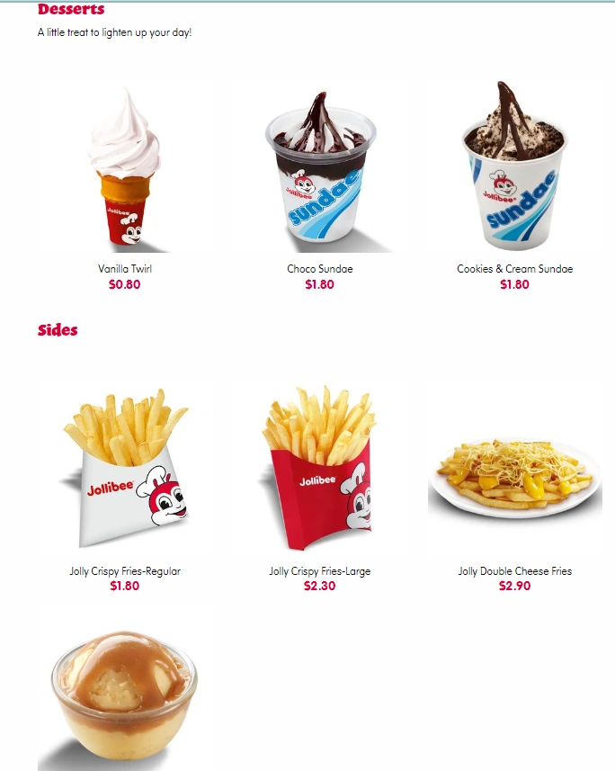 JOLLIBEE DESSERTS & SIDES MENU SINGAPORE