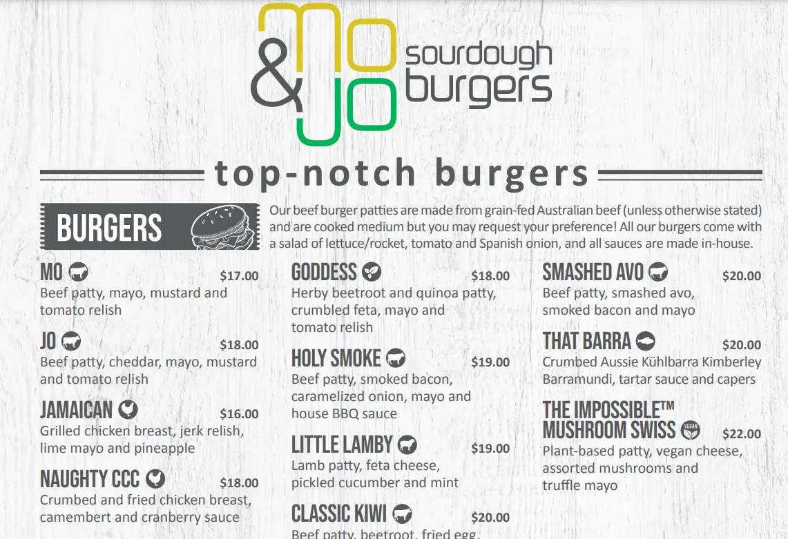 MO & JO BURGERS MENU WITH PRICE