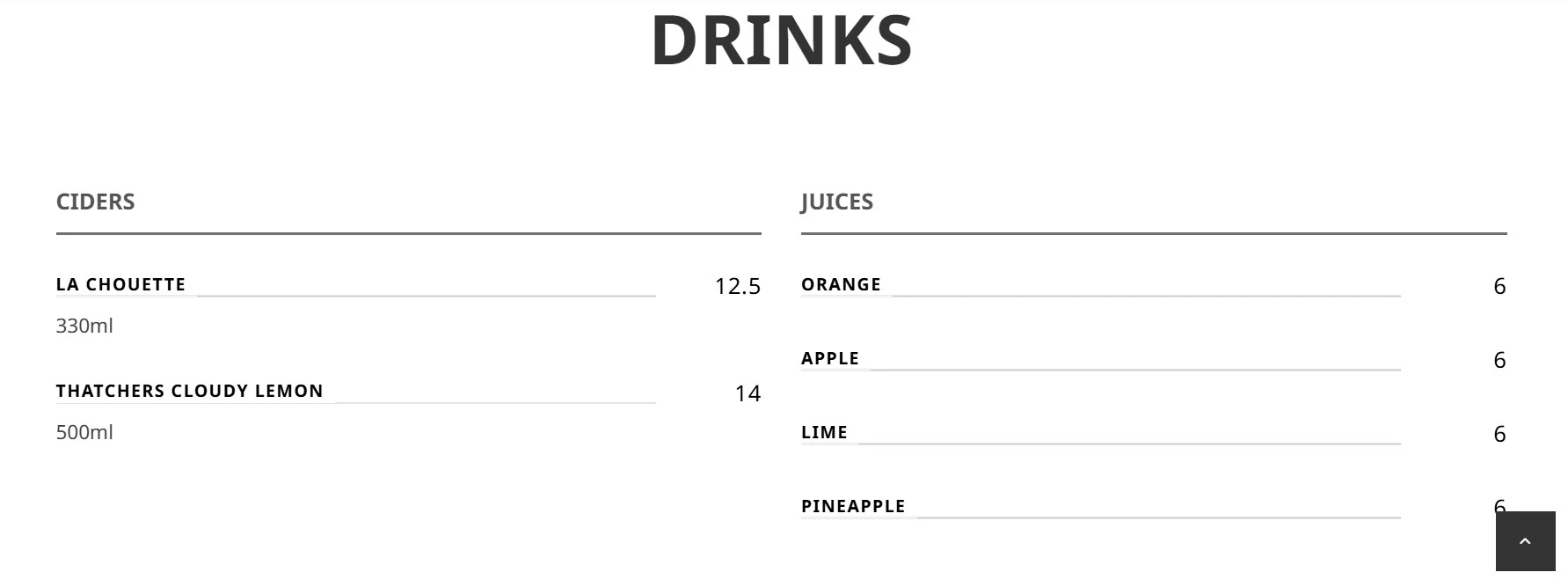 SCALED BEVERAGES MENU PRICE